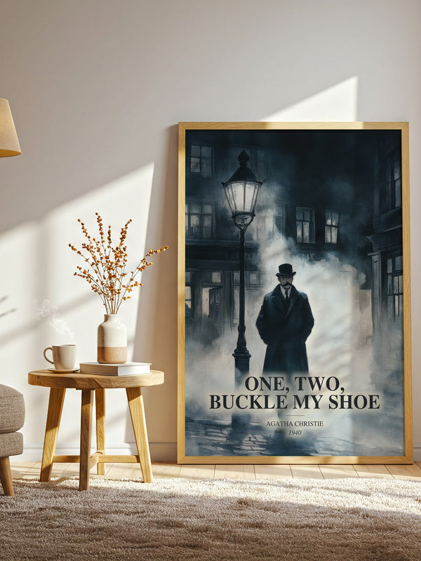One, Two, Buckle My Shoe watercolour print in frame leaning in hallway – mystery wall art