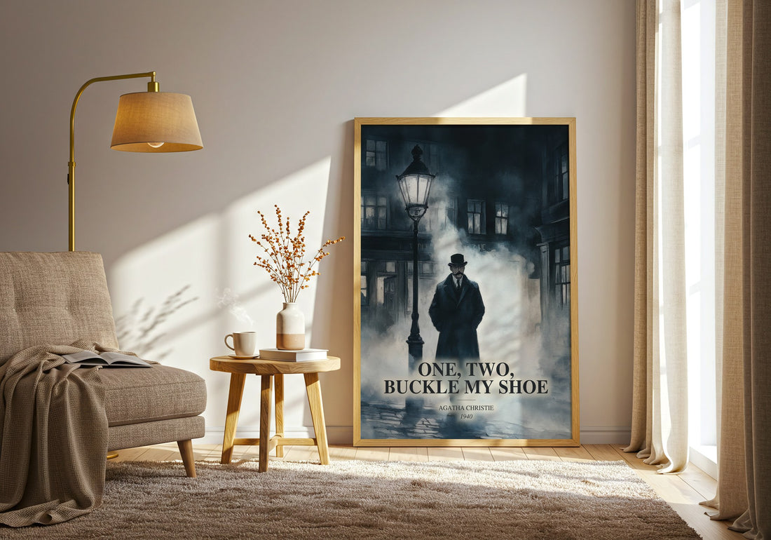 One, Two, Buckle My Shoe watercolour print in frame leaning in hallway – mystery wall art (mockup)