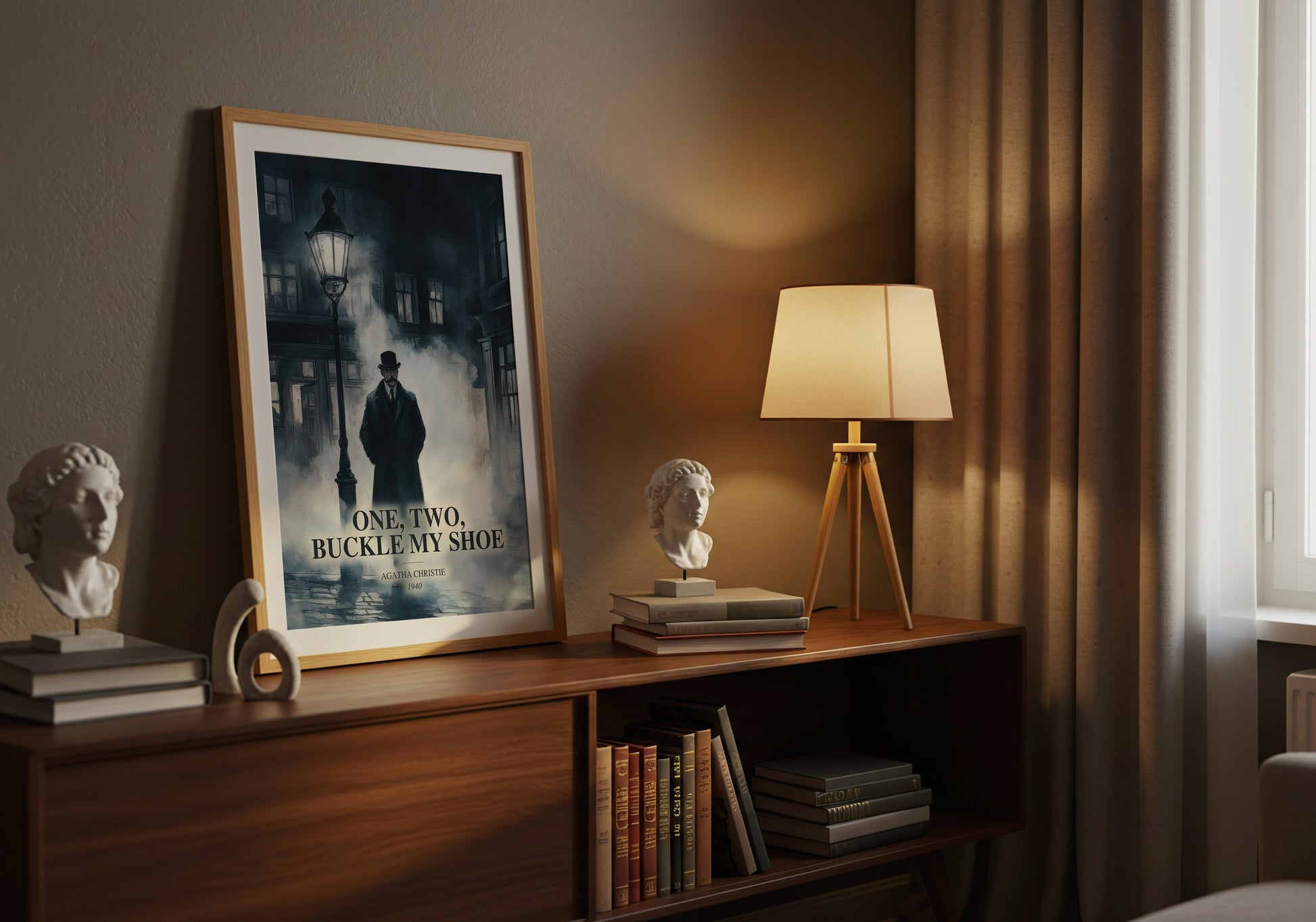 One, Two, Buckle My Shoe watercolour print on bookshelf – Agatha Christie fan gift