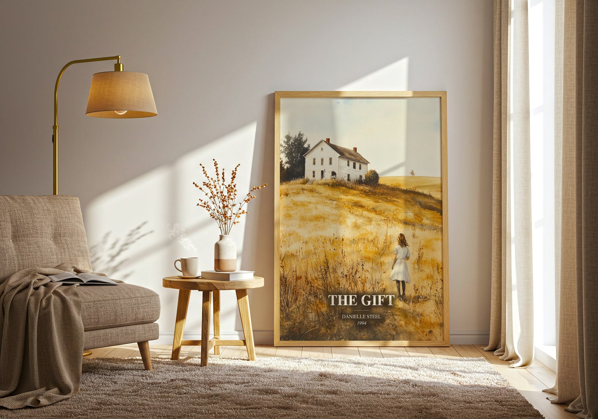The Gift watercolour print in frame leaning in hallway – romance wall art