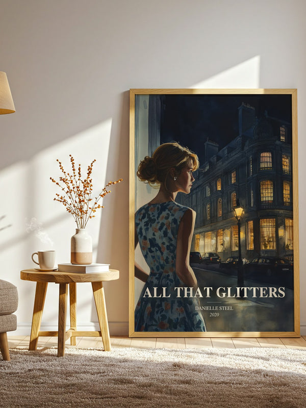 All That Glitters watercolour print in frame leaning in hallway – contemporary fiction wall art