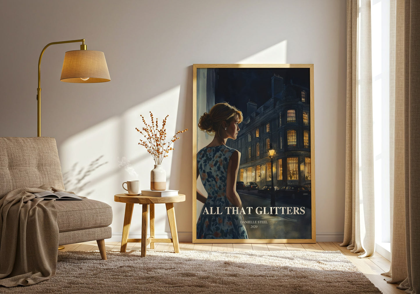 All That Glitters watercolour print in frame leaning in hallway – contemporary fiction wall art