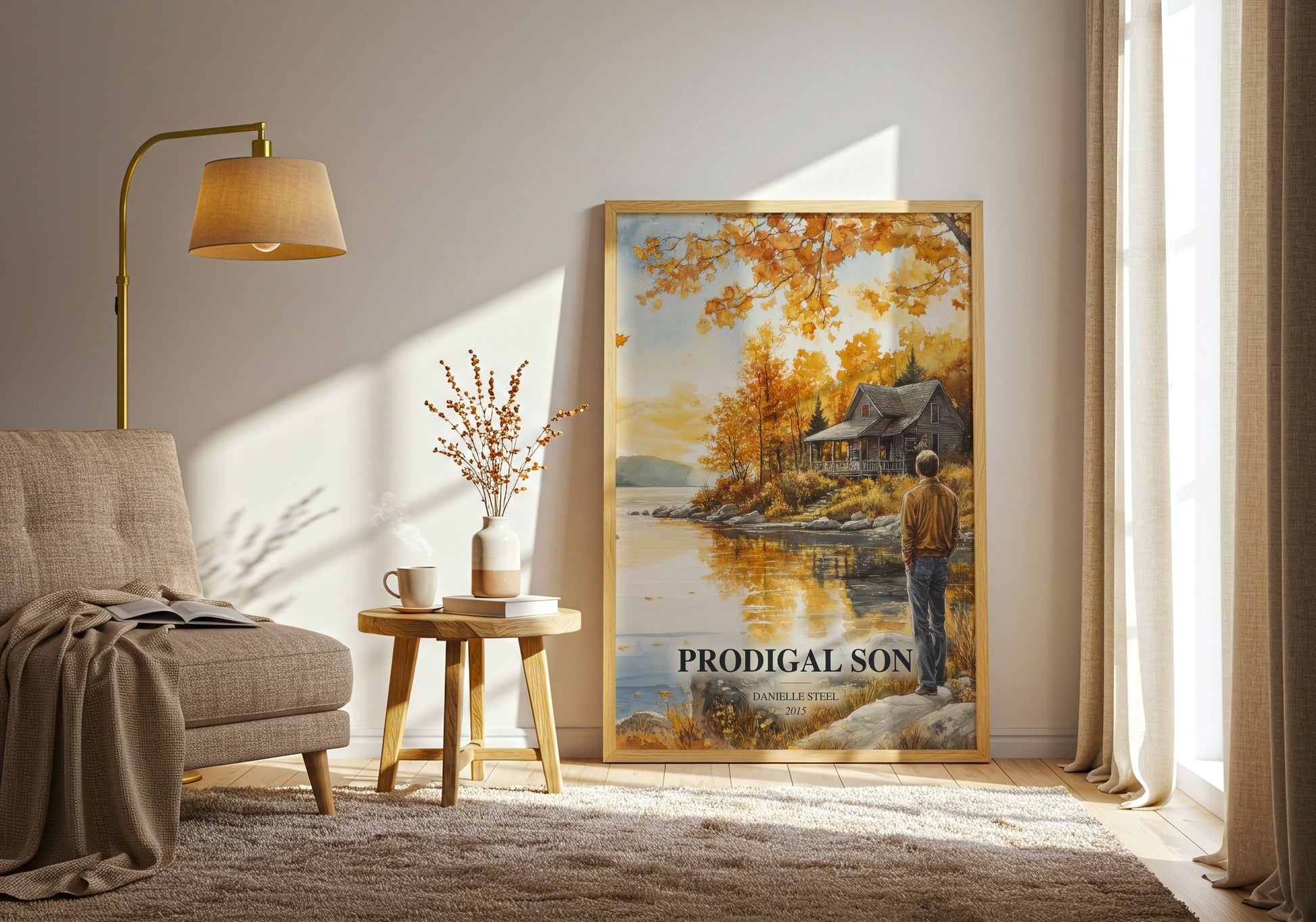 Prodigal Son watercolour print in frame leaning in hallway – contemporary fiction wall art