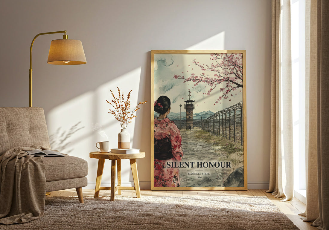 Silent Honour watercolour print in frame leaning in hallway – historical fiction wall art (mockup)