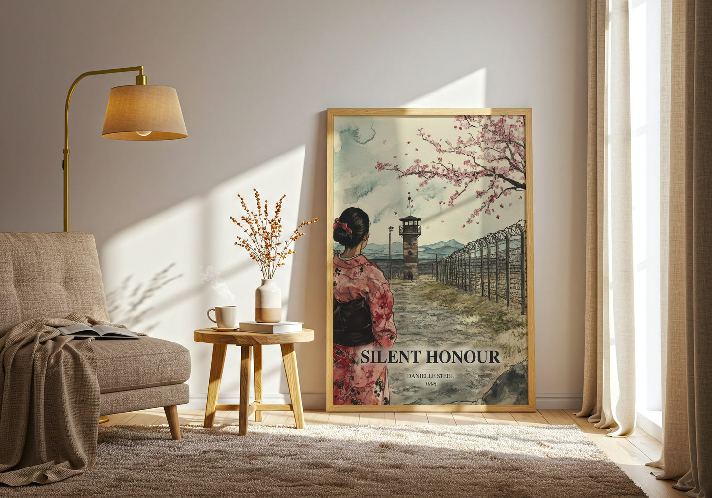 Silent Honour watercolour print in frame leaning in hallway – historical fiction wall art
