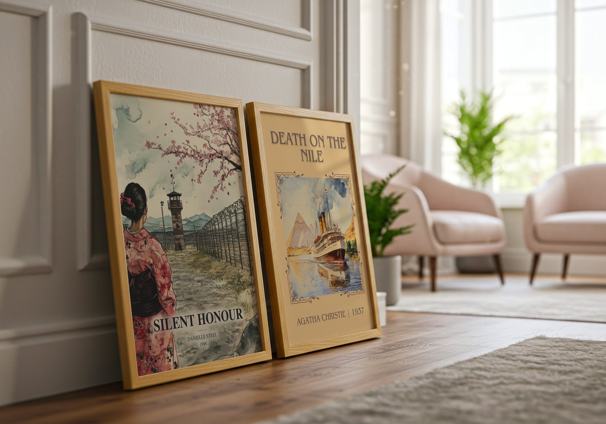 Silent Honour watercolour print framed by window – literary home decor