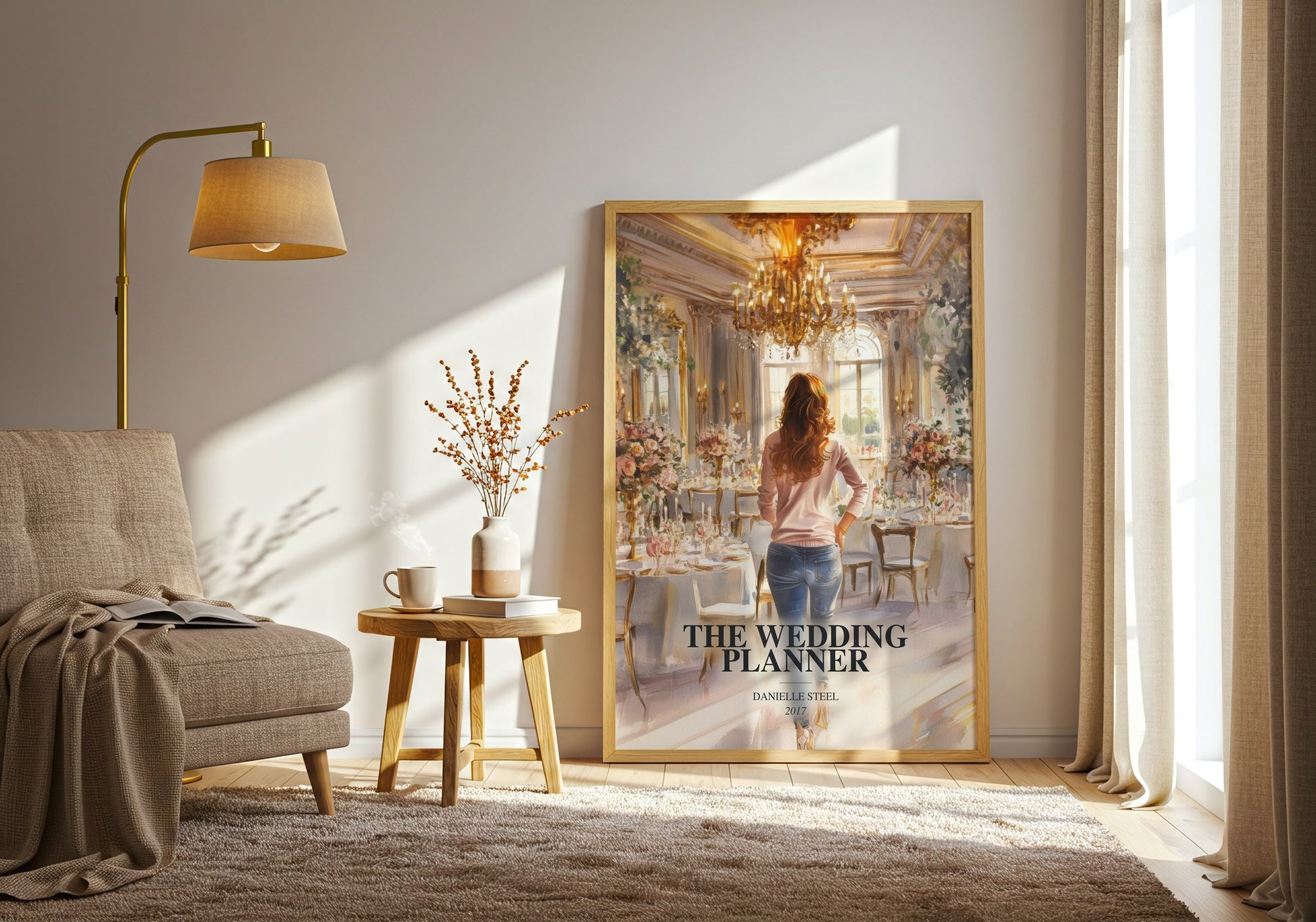 The Wedding Planner watercolour print in frame leaning in hallway – romance wall art