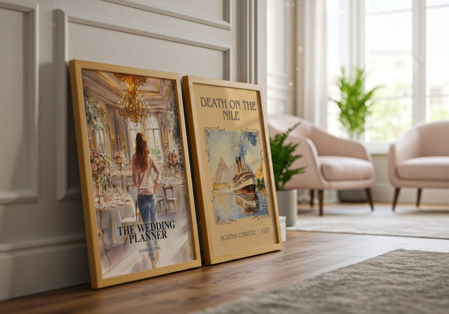 The Wedding Planner watercolour print framed by window – literary home decor