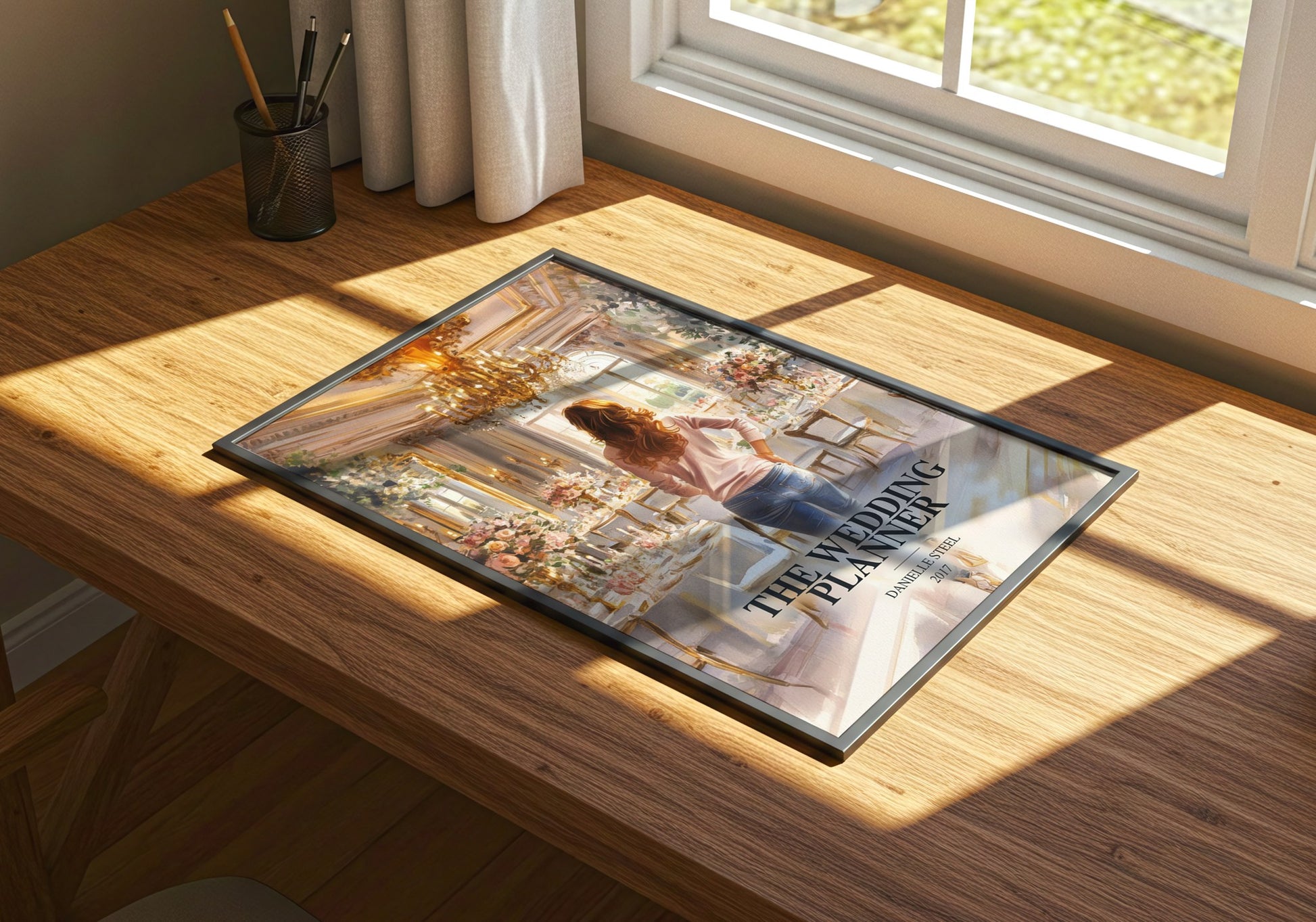 The Wedding Planner watercolour book poster framed on wall – romance wall art