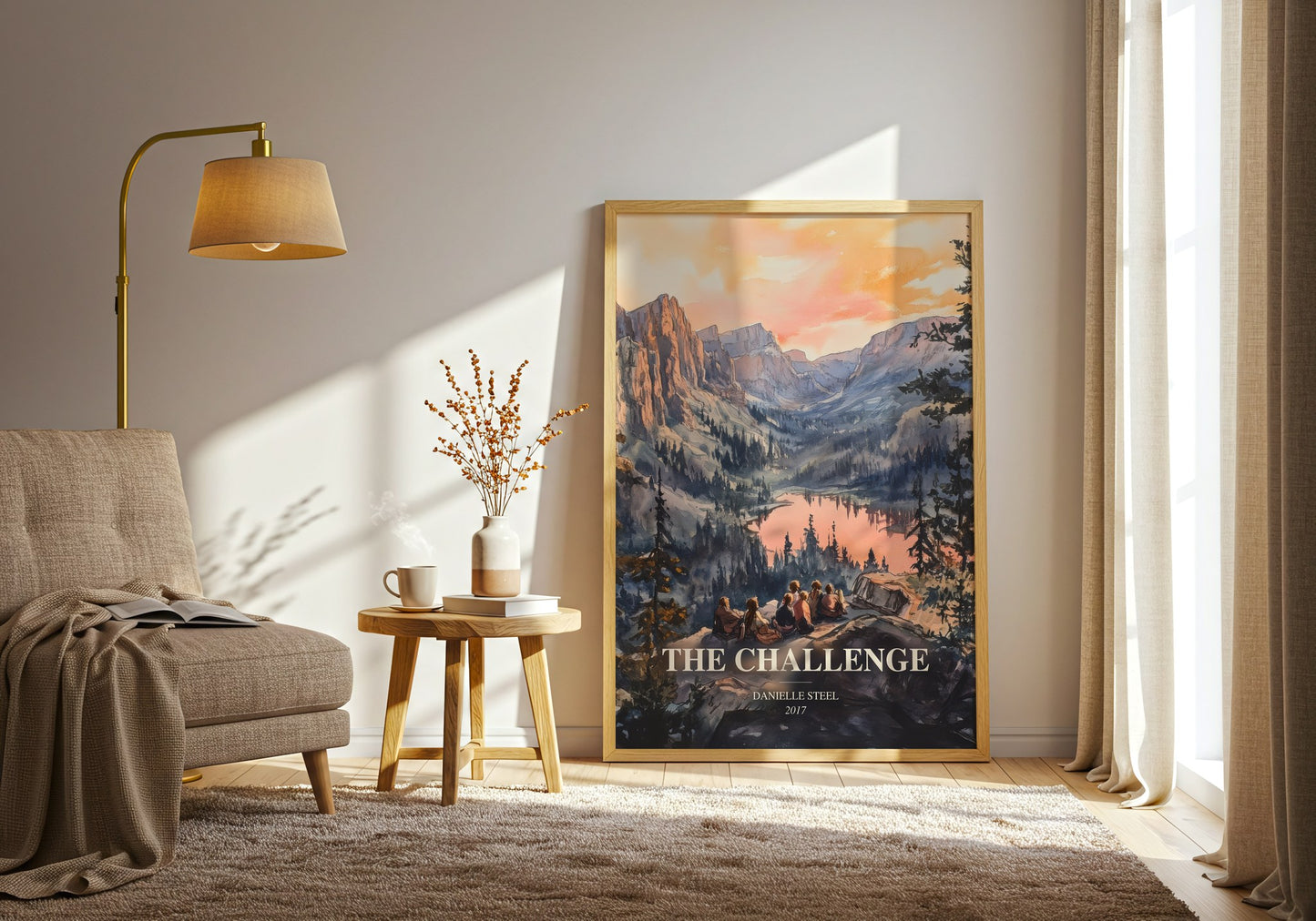 The Challenge watercolour print in frame leaning in hallway – contemporary fiction wall art