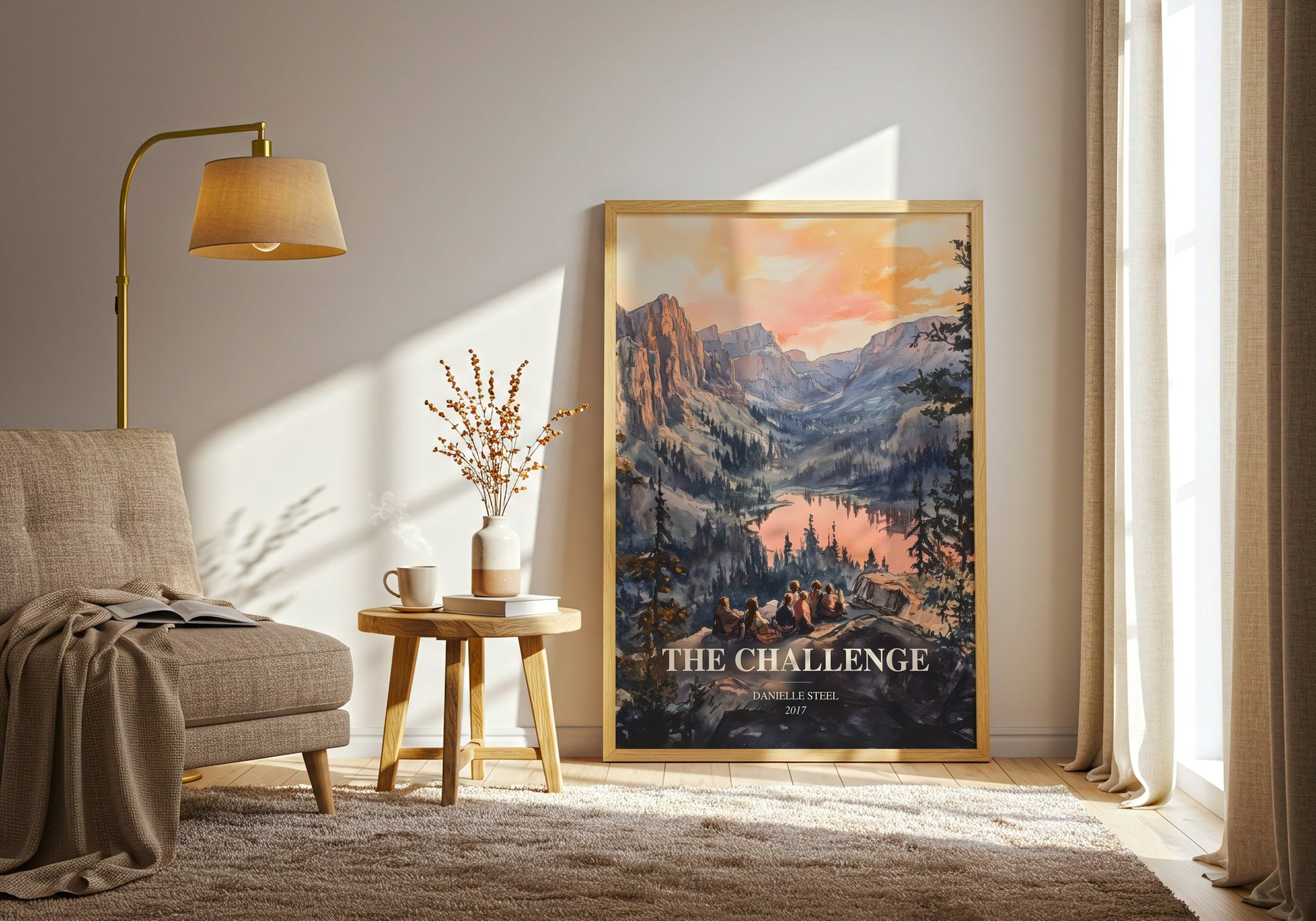 The Challenge watercolour print in frame leaning in hallway – contemporary fiction wall art