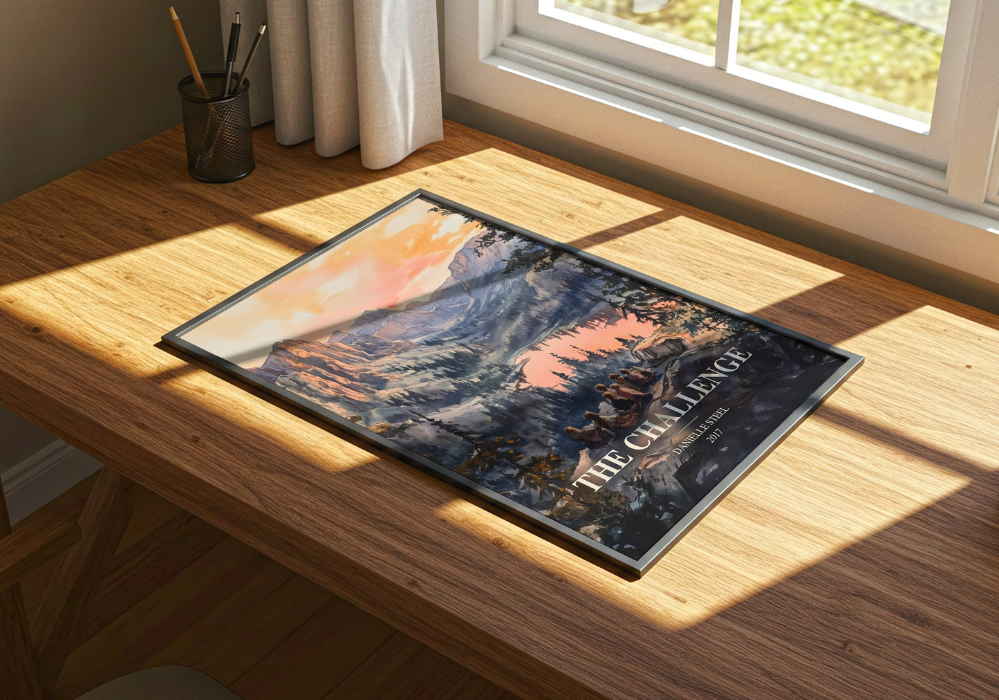 The Challenge watercolour book poster framed on wall – contemporary fiction wall art
