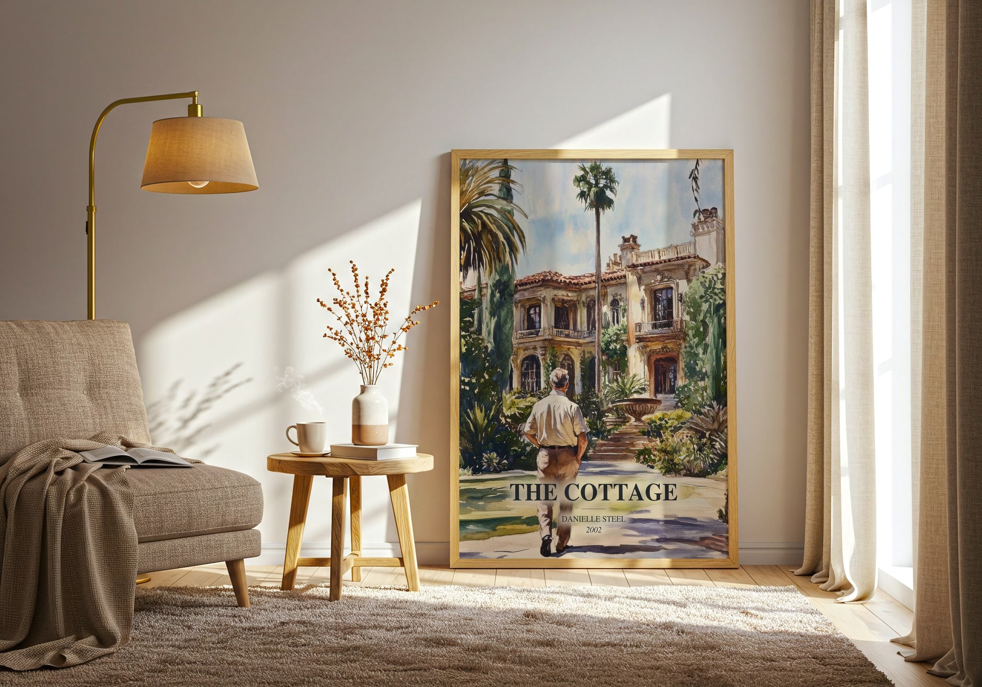 The Cottage watercolour print in frame leaning in hallway – romance wall art