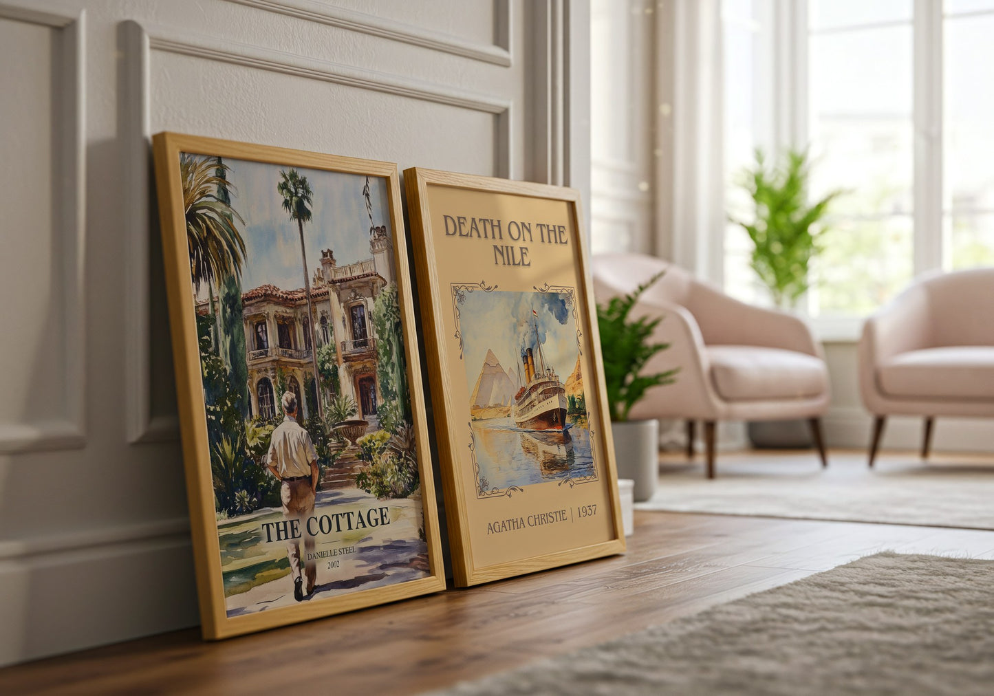 The Cottage watercolour print framed by window – literary home decor