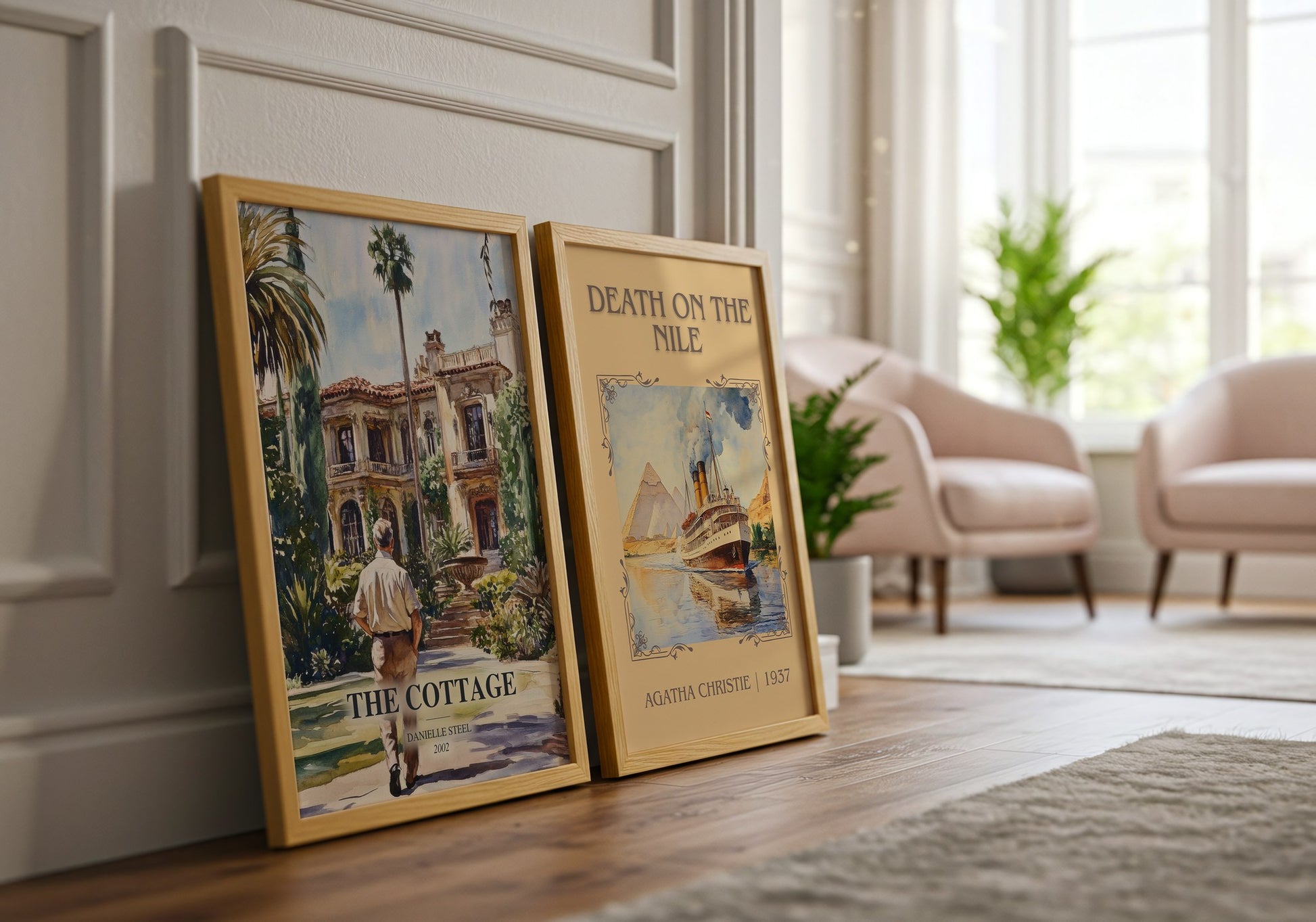 The Cottage watercolour print framed by window – literary home decor