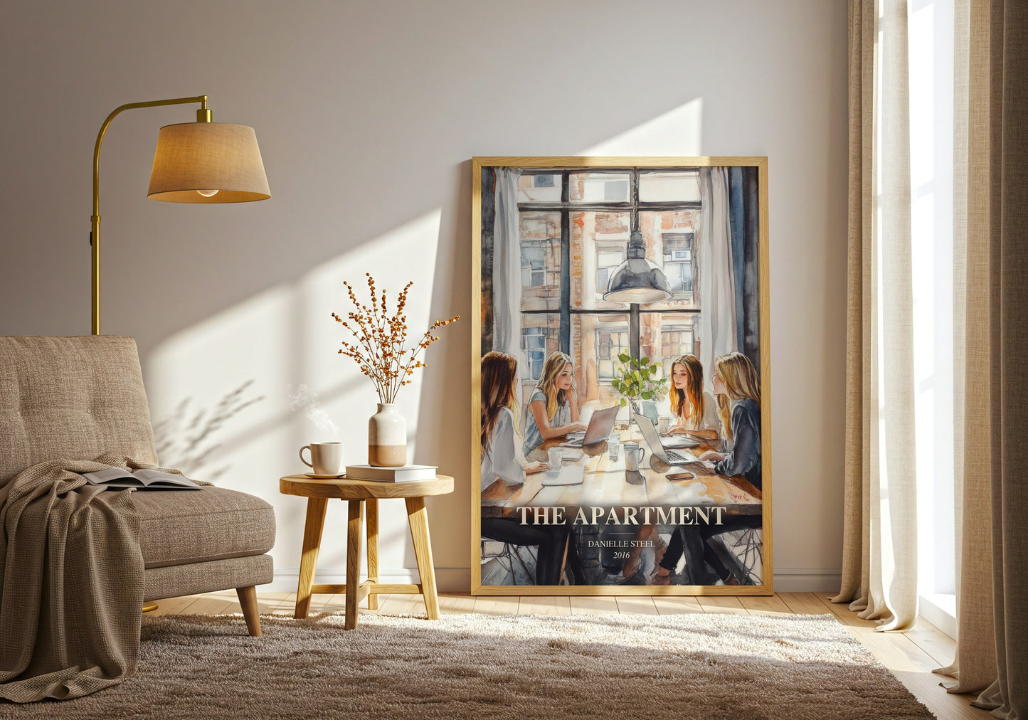 The Apartment watercolour print in frame leaning in hallway – contemporary fiction wall art