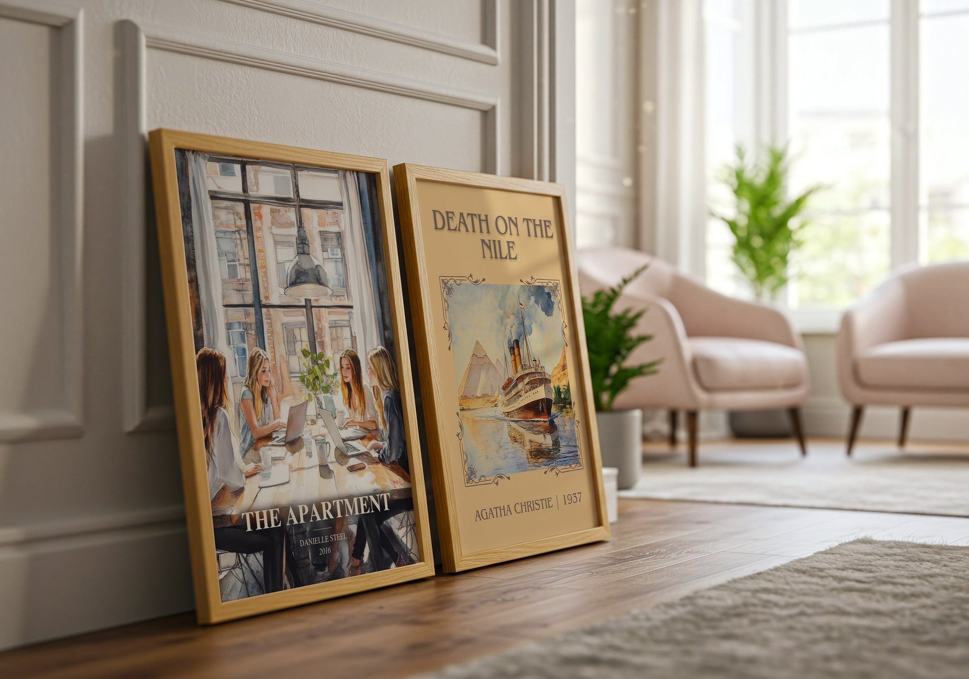 The Apartment watercolour print framed by window – literary home decor