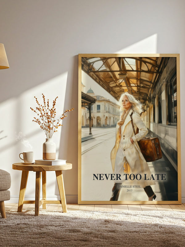 Never Too Late watercolour print in frame leaning in hallway – contemporary fiction wall art