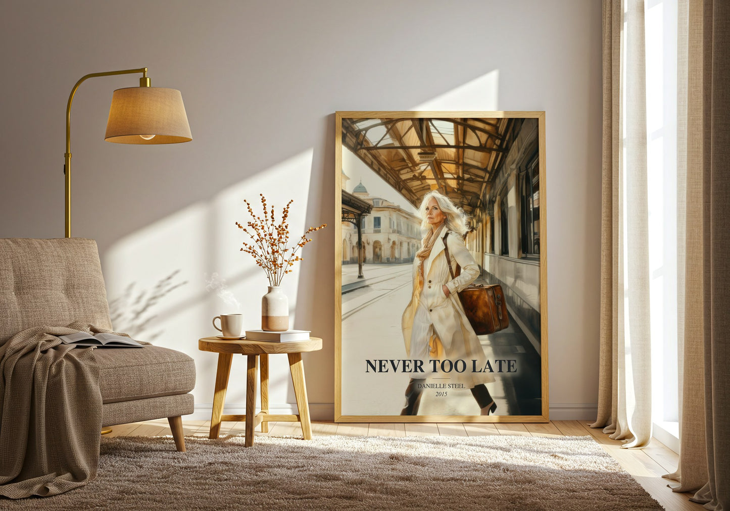 Never Too Late watercolour print in frame leaning in hallway – contemporary fiction wall art