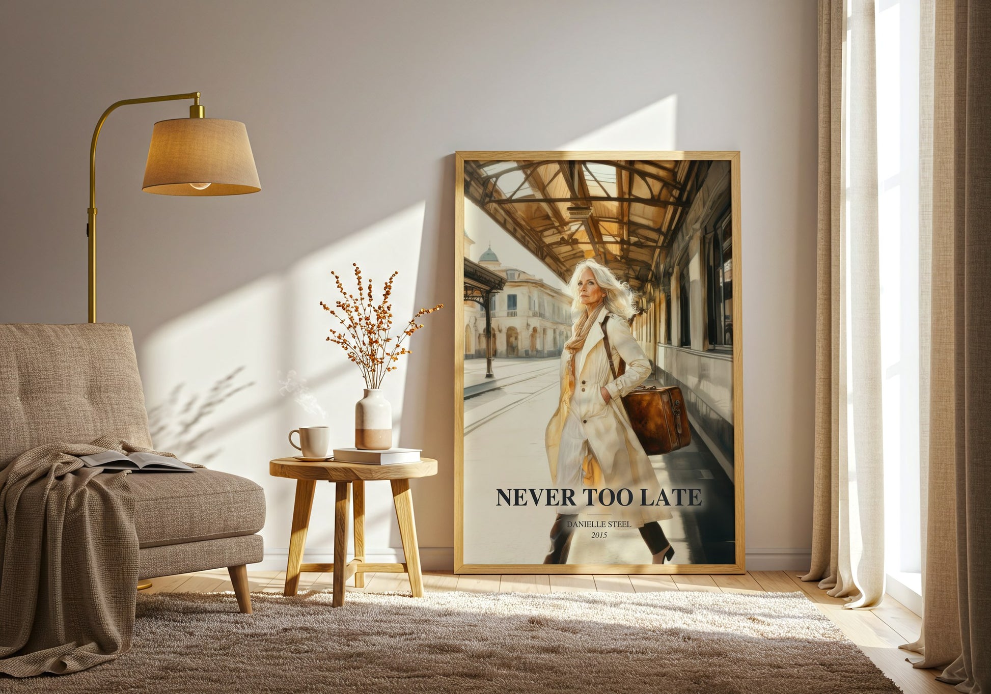 Never Too Late watercolour print in frame leaning in hallway – contemporary fiction wall art