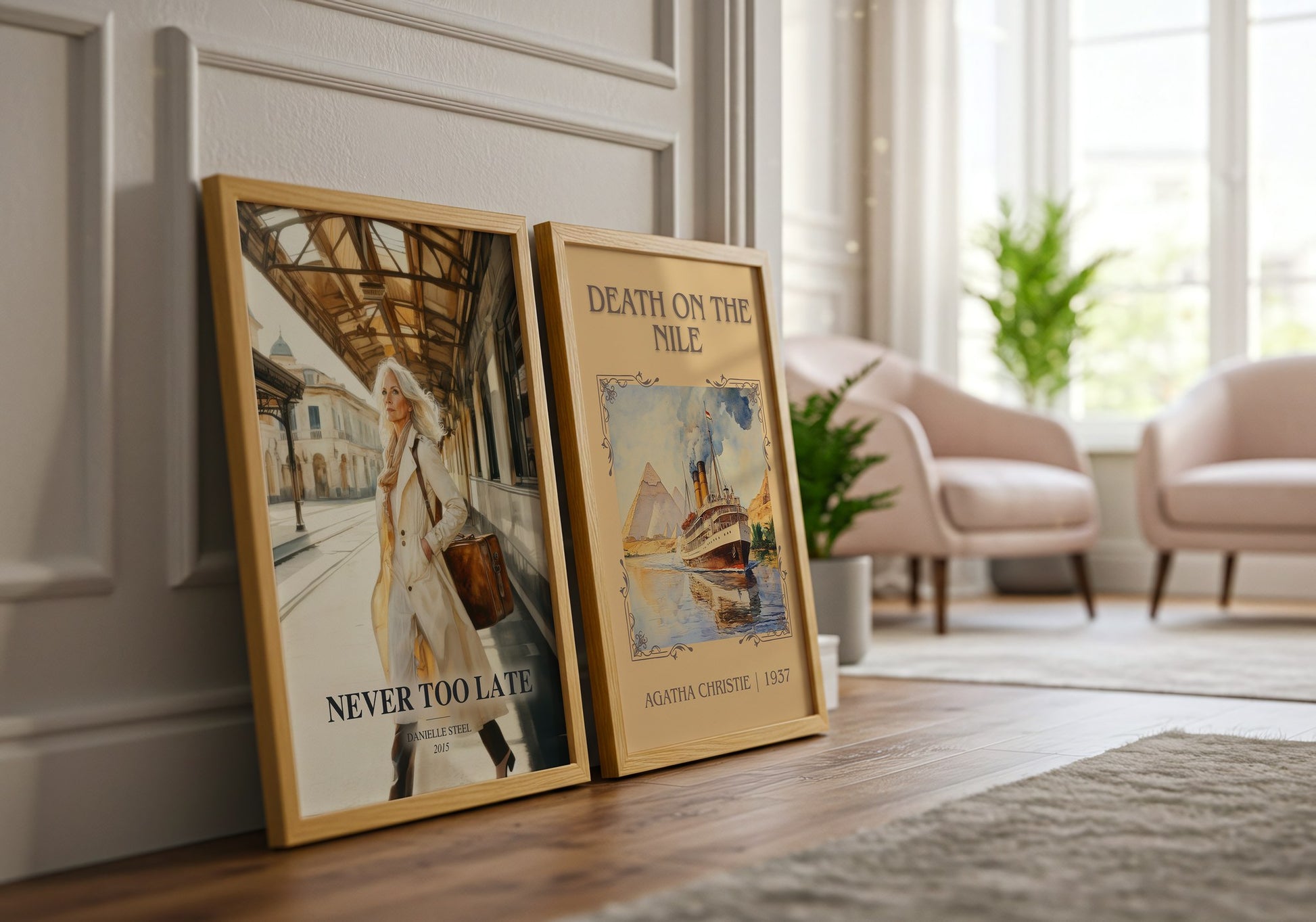 Never Too Late watercolour print framed by window – literary home decor