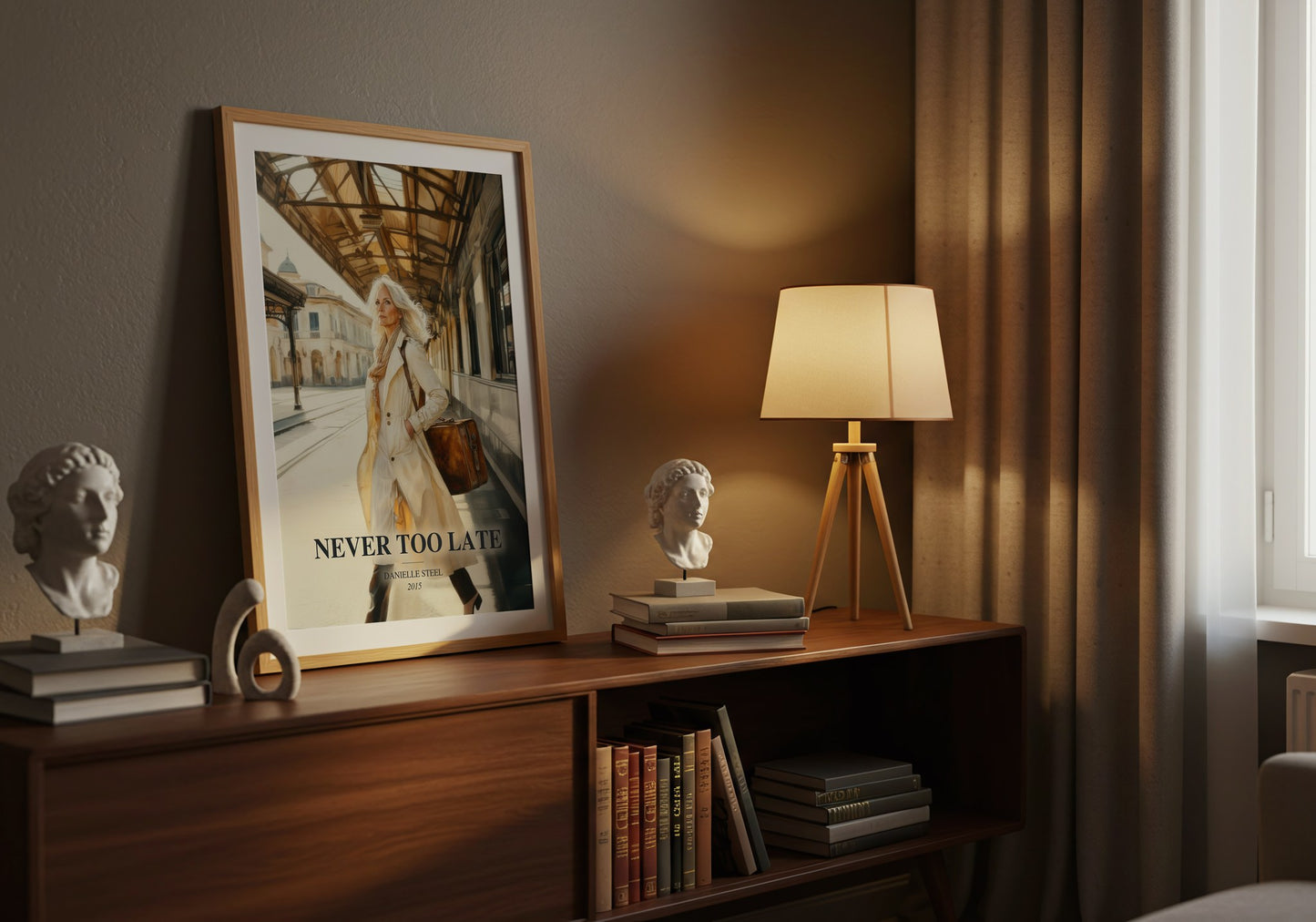 Never Too Late watercolour print on bookshelf – Danielle Steel fan gift