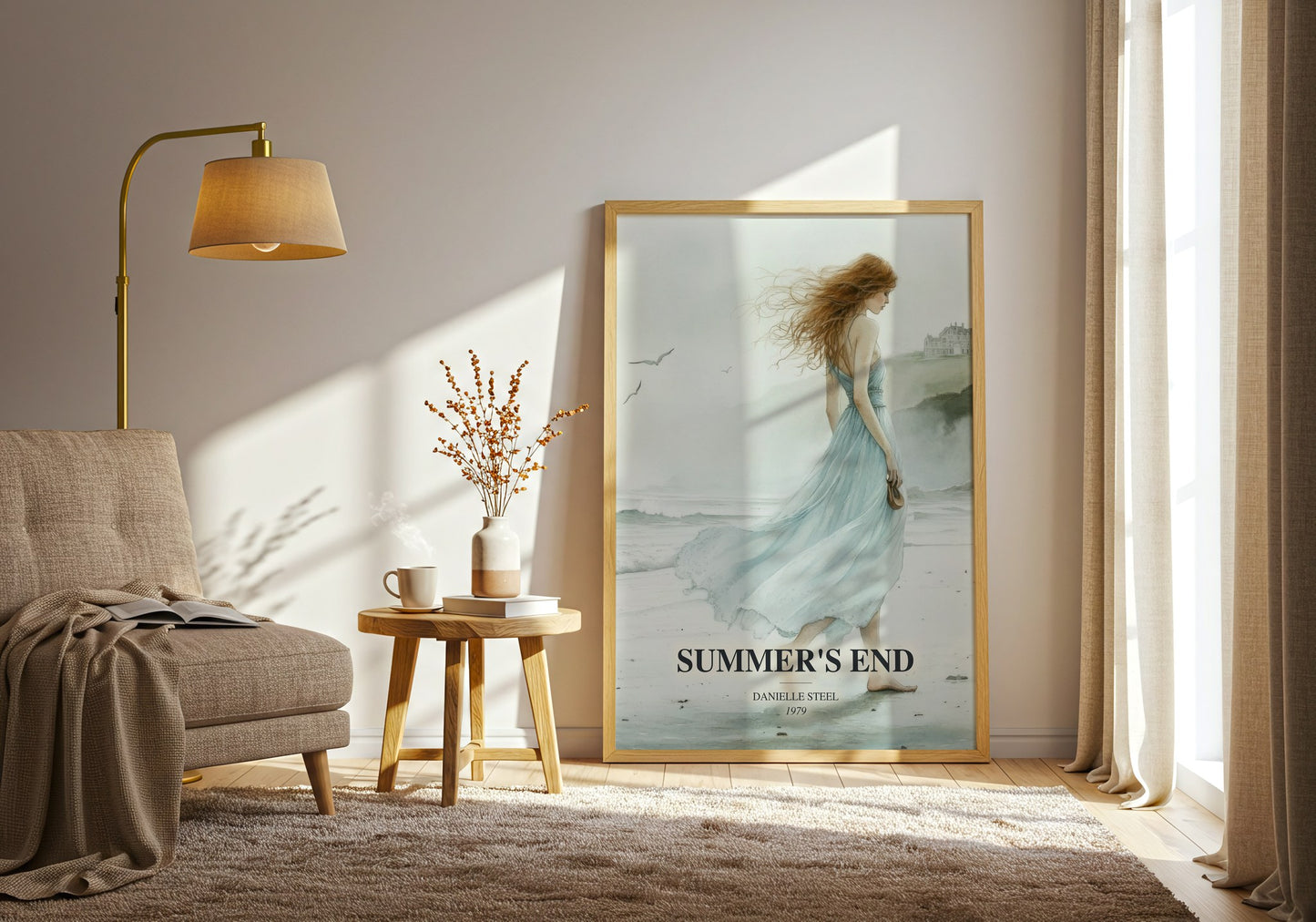 Summer'S End watercolour print in frame leaning in hallway – contemporary fiction wall art