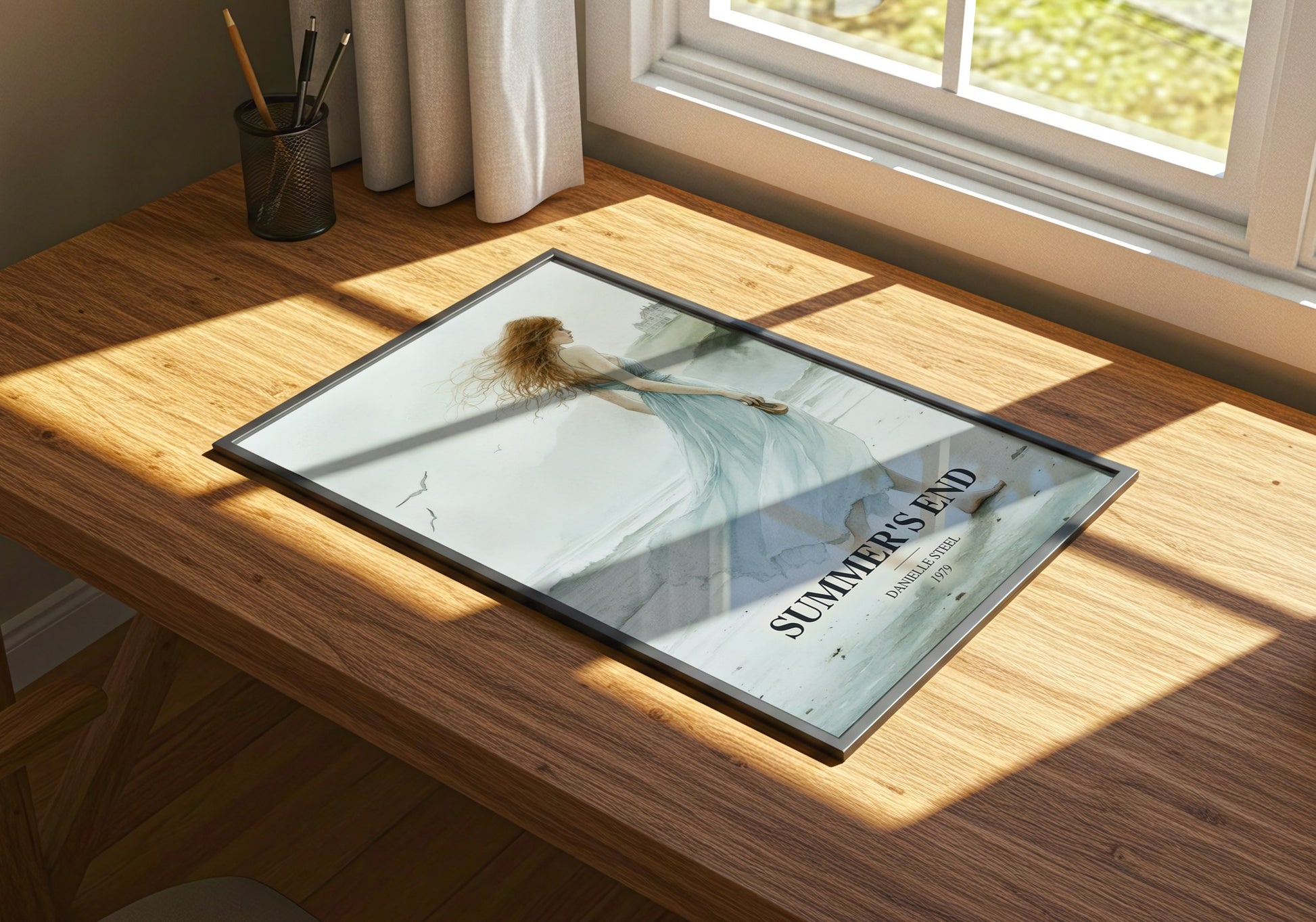 Summer'S End watercolour book poster framed on wall – contemporary fiction wall art