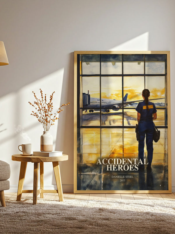 Accidental Heroes watercolour print in frame leaning in hallway – contemporary fiction wall art