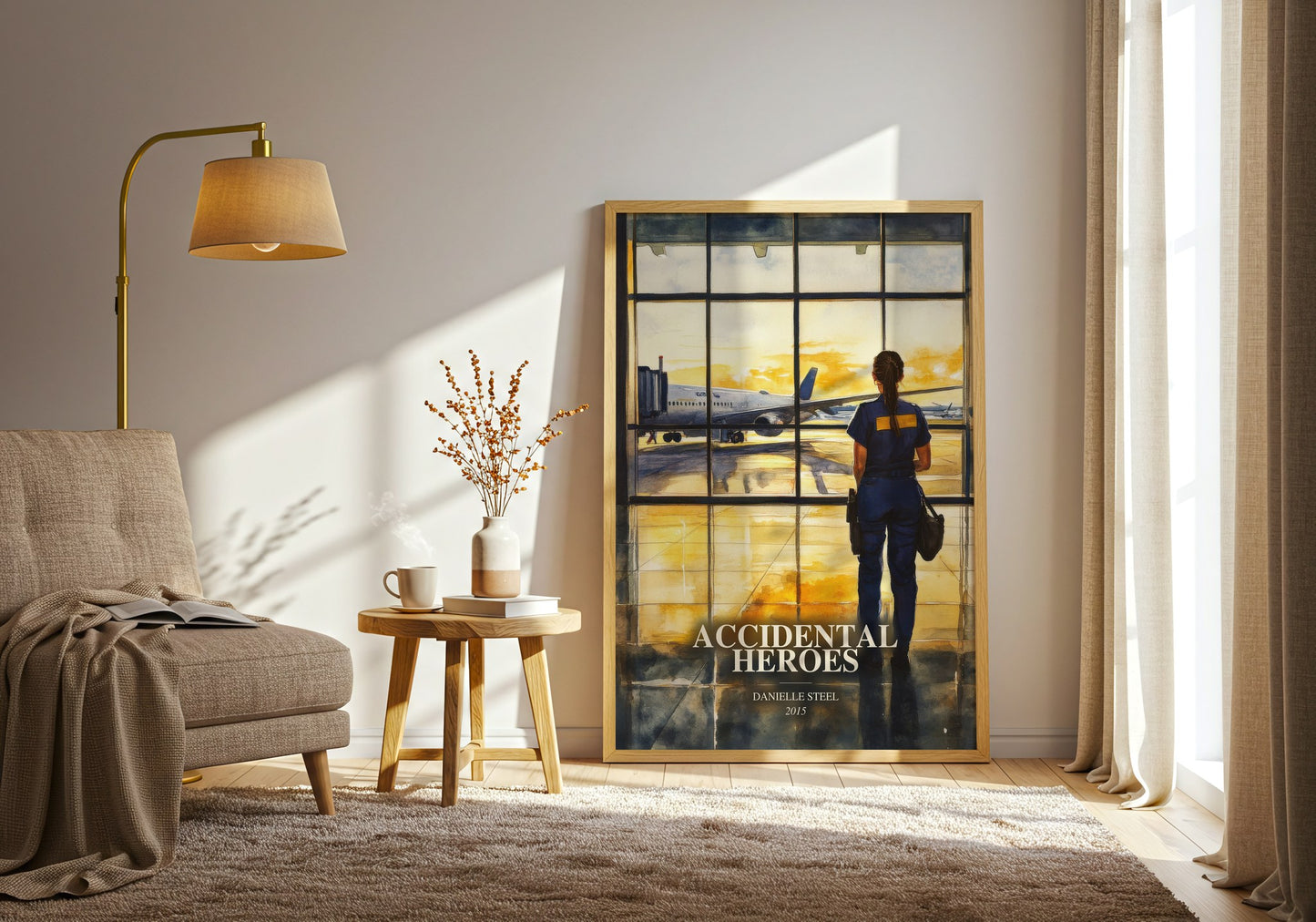 Accidental Heroes watercolour print in frame leaning in hallway – contemporary fiction wall art