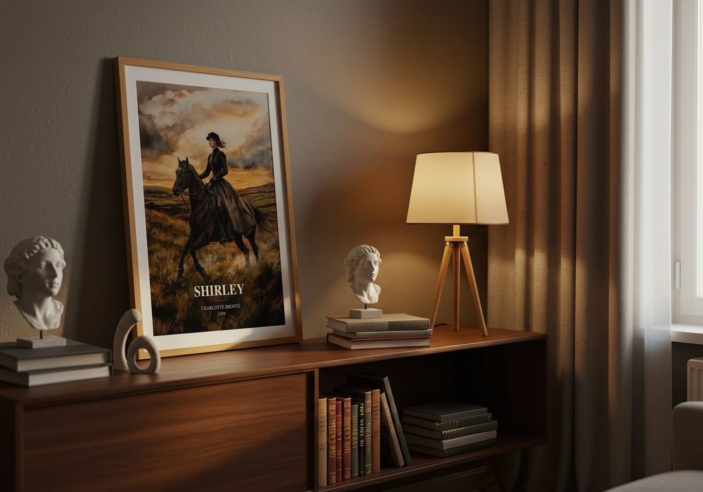 Shirley watercolour print on bookshelf – Charlotte Brontë fan gift