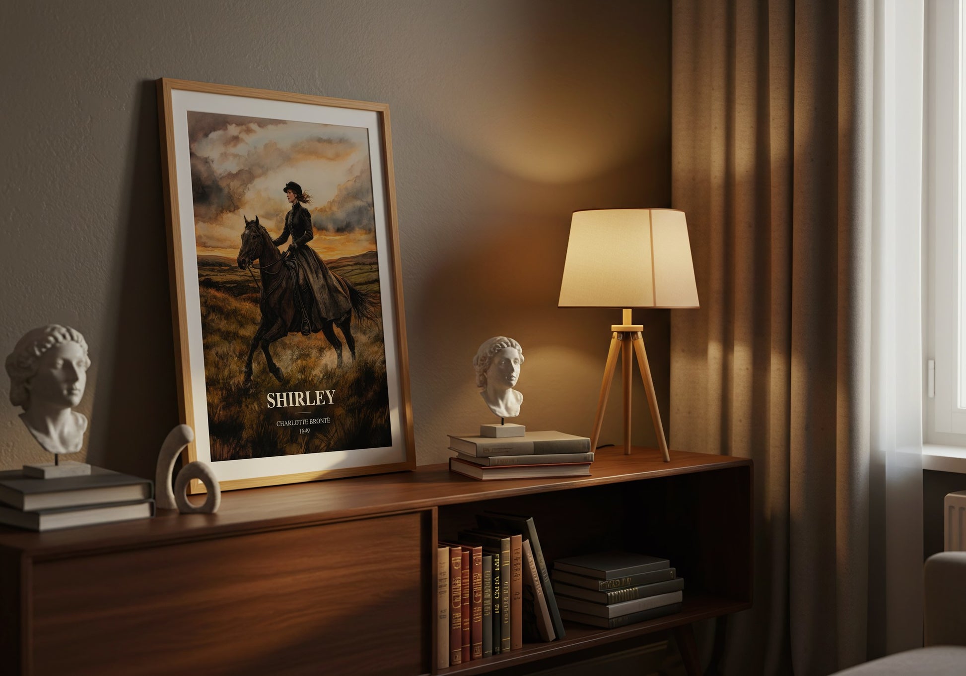 Shirley watercolour print on bookshelf – Charlotte Brontë fan gift