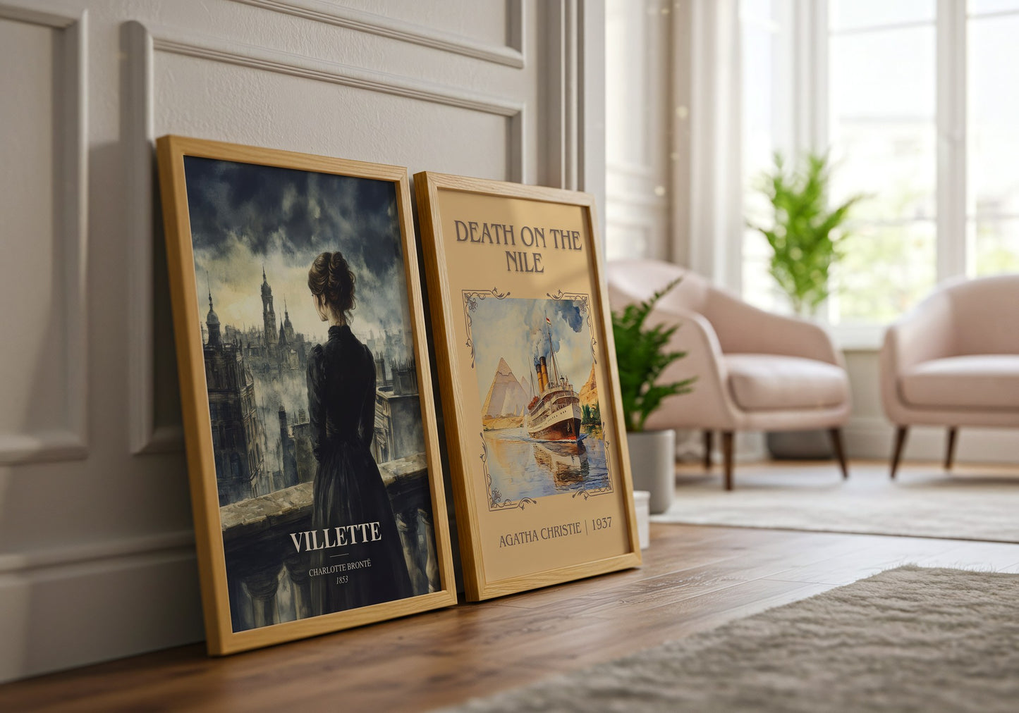 Villette watercolour print framed by window – literary home decor