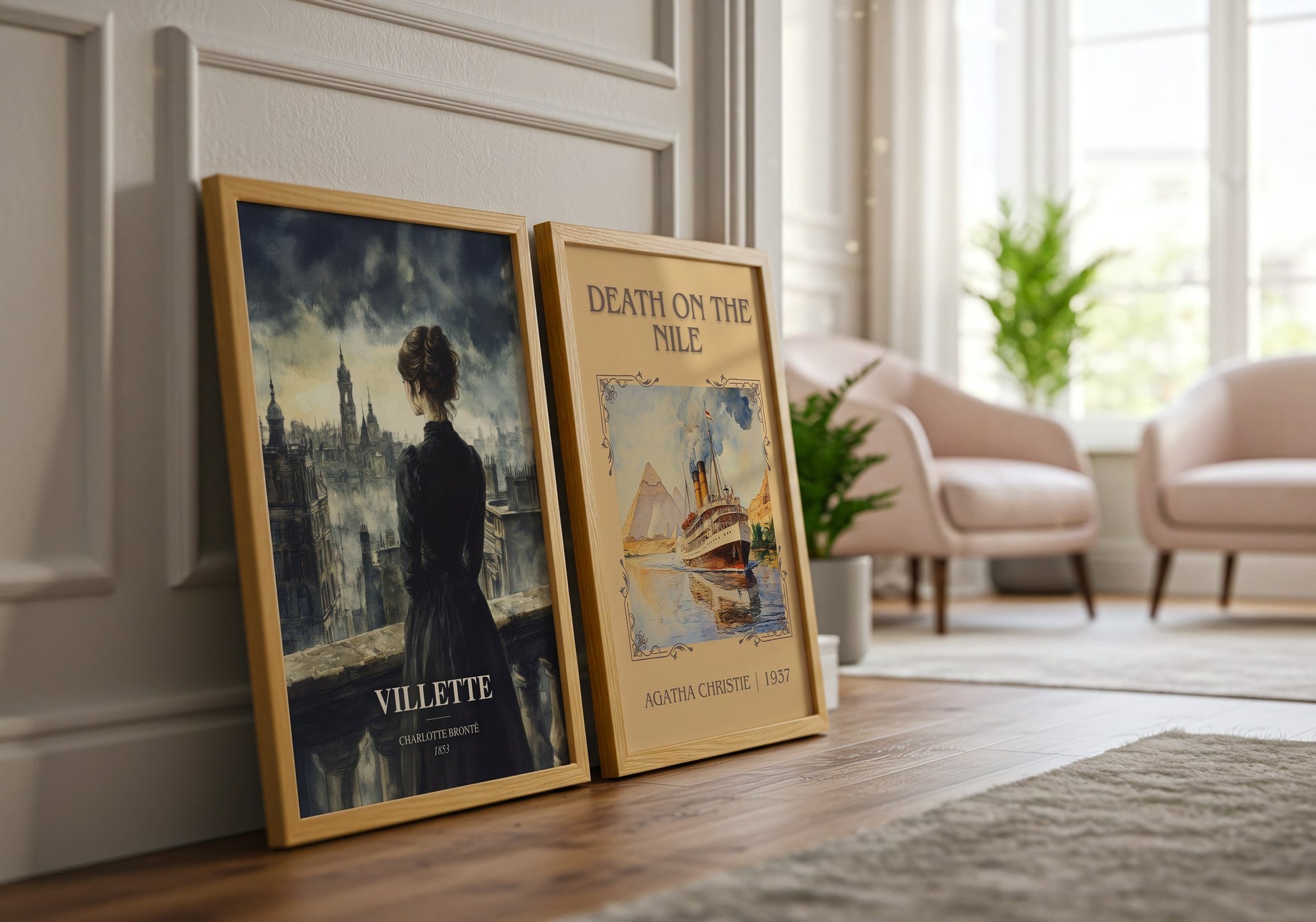 Villette watercolour print framed by window – literary home decor