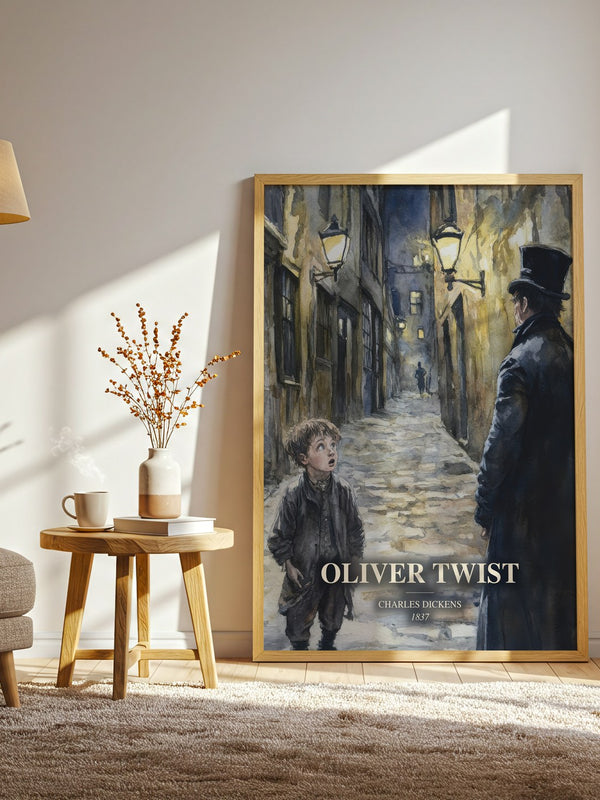 Oliver Twist watercolour print in frame leaning in hallway – classic literature wall art