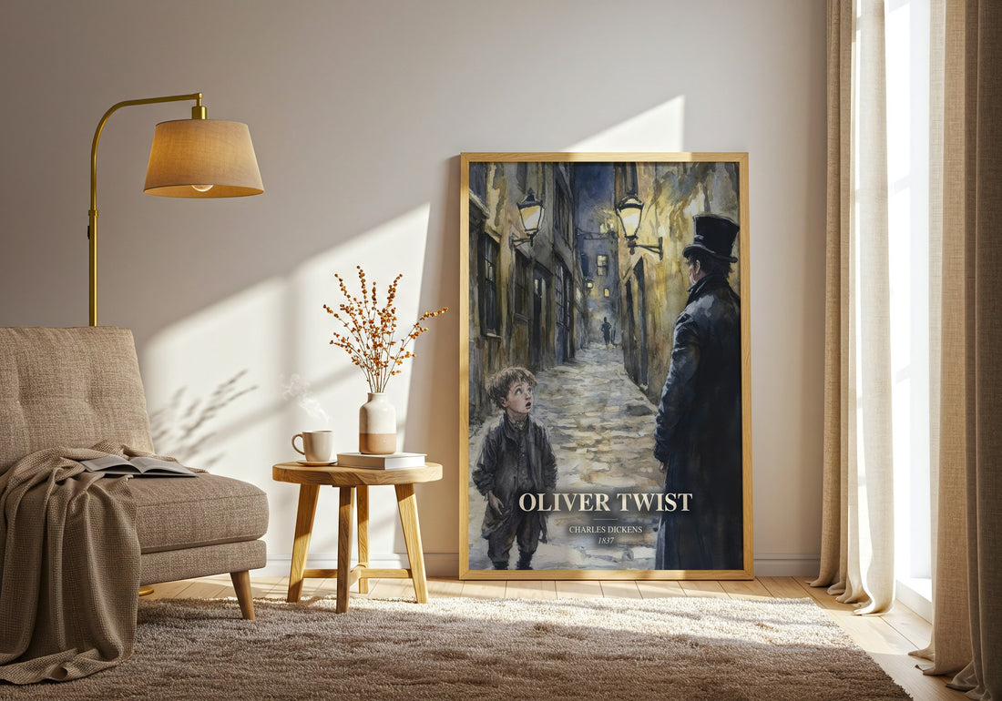 Oliver Twist watercolour print in frame leaning in hallway – classic literature wall art (mockup)