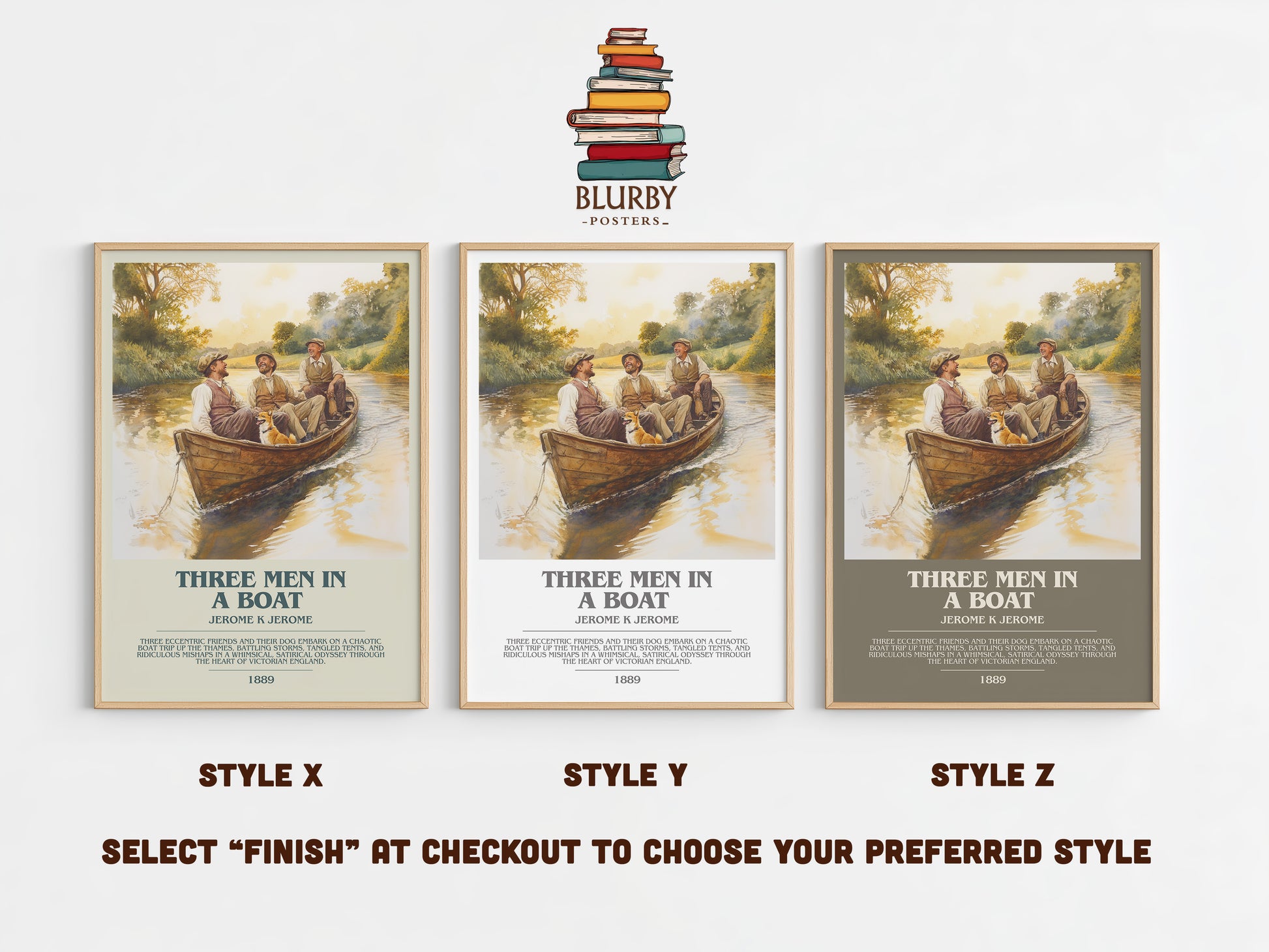 Three Men in a Boat bookish print in frame leaning in hallway – classic literature wall art