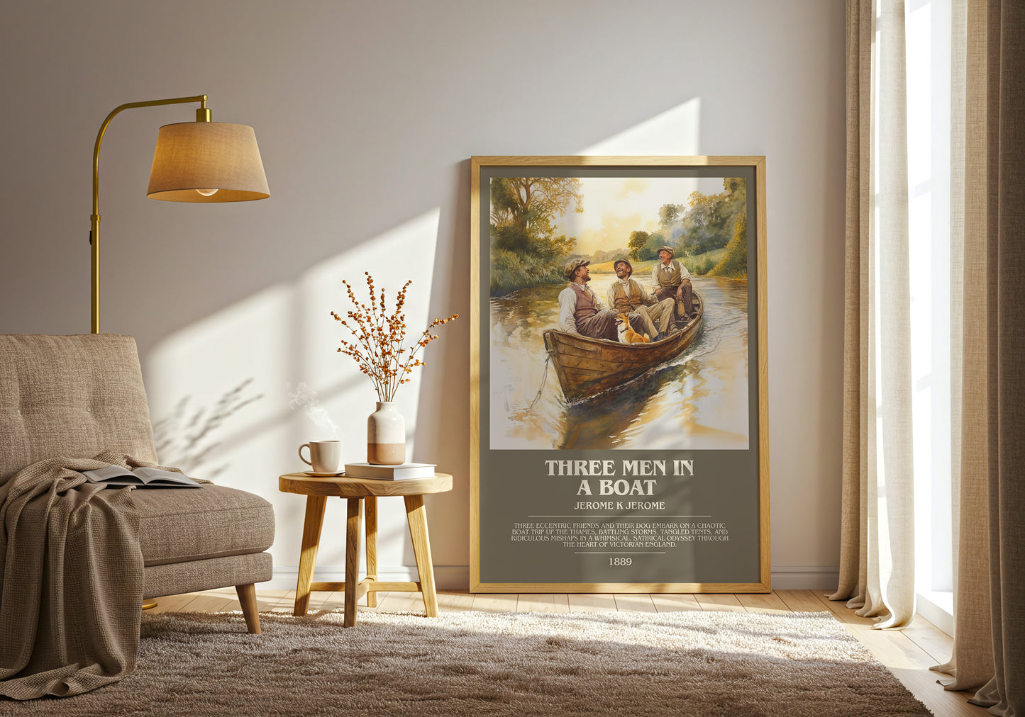 Three Men in a Boat bookish print framed by window – literary home decor