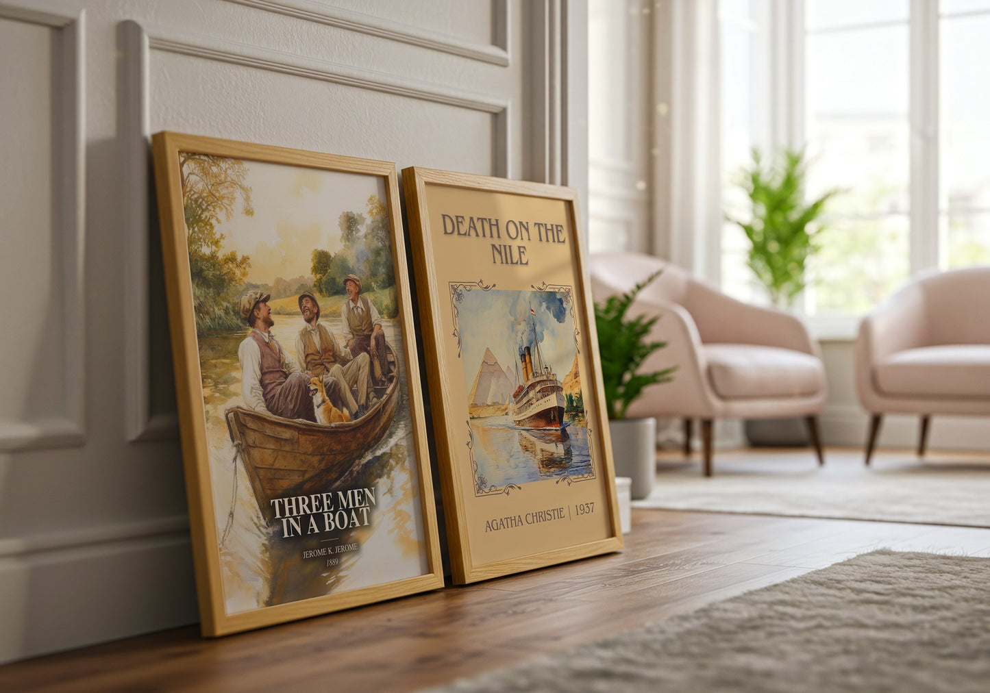 Three Men In A Boat watercolour print framed by window – literary home decor