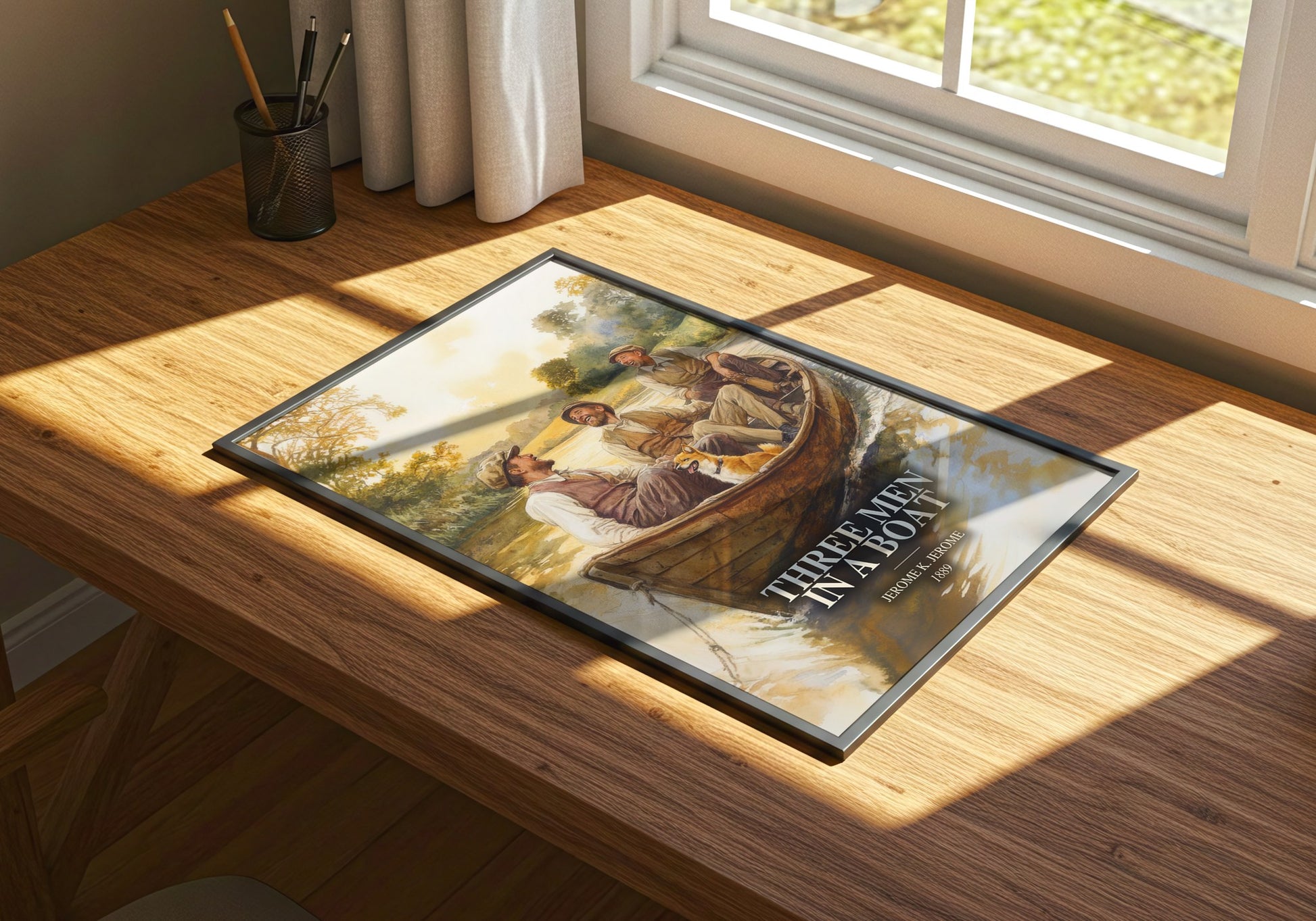 Three Men In A Boat watercolour book poster framed on wall – satire wall art