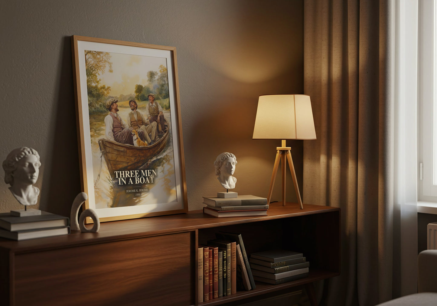 Three Men In A Boat watercolour print on bookshelf – Jerome K. Jerome fan gift