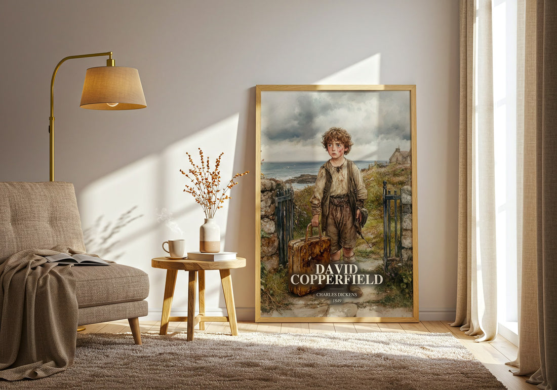 David Copperfield watercolour print in frame leaning in hallway – classic literature wall art (mockup)