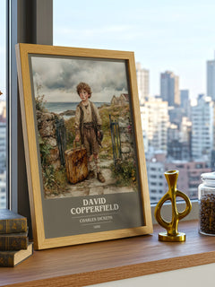 David Copperfield Book Cover Poster by Charles Dickens – framed print on a city-view windowsill