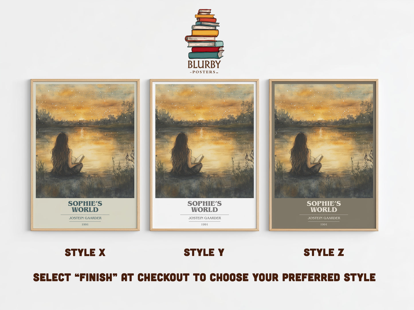 Sophie's World book cover print in frame leaning in hallway – literary fiction wall art