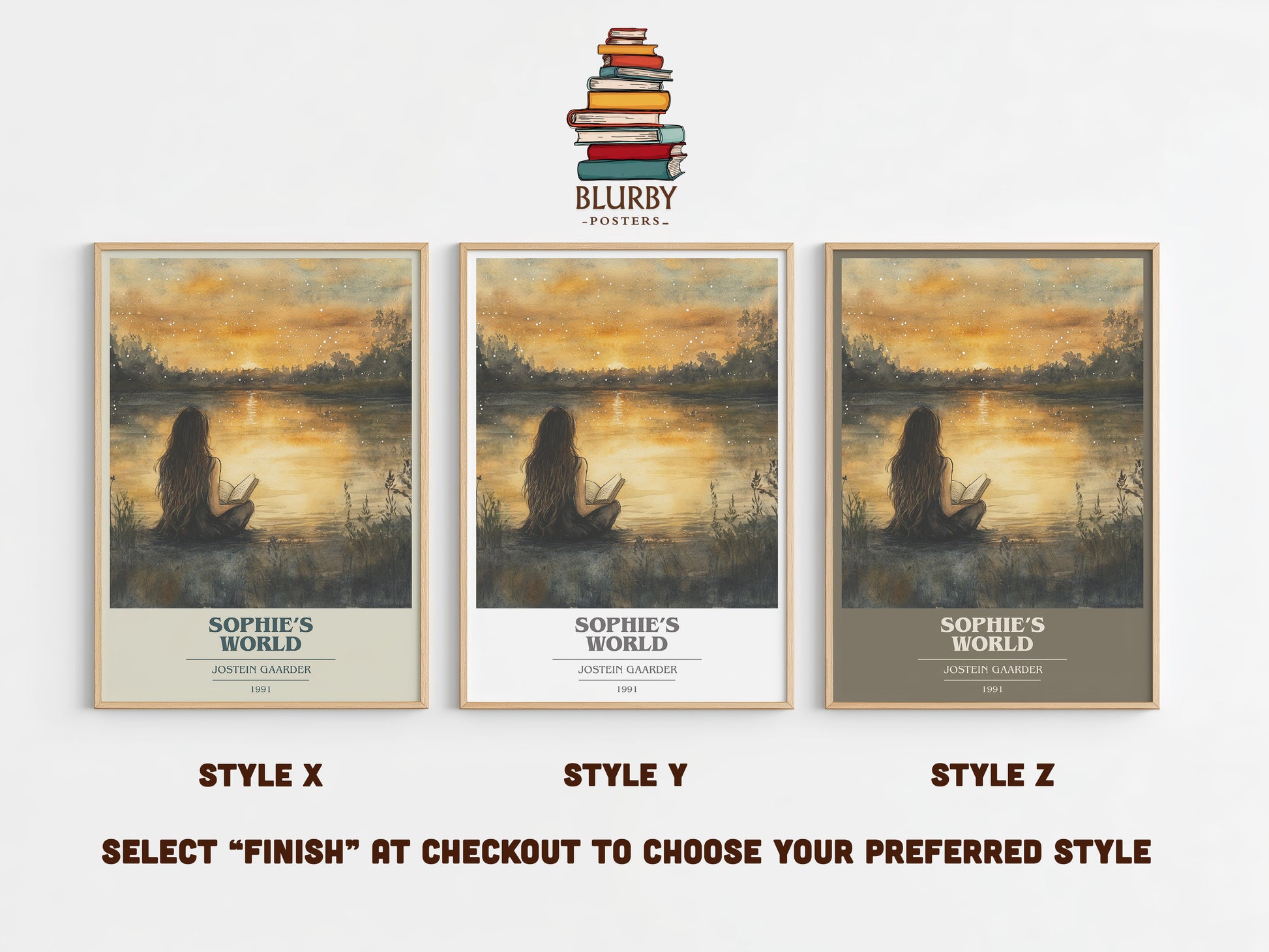 Sophie's World book cover print in frame leaning in hallway – literary fiction wall art