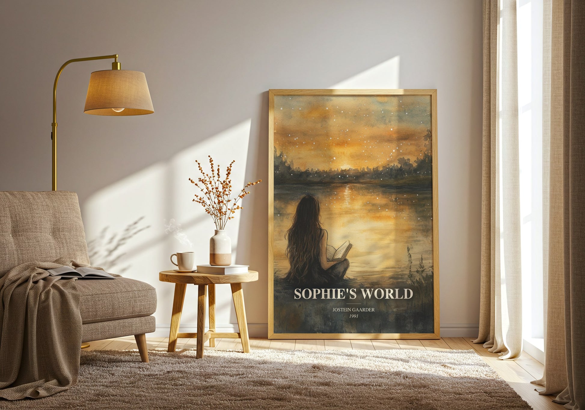 Sophie'S World watercolour print in frame leaning in hallway – philosophy wall art