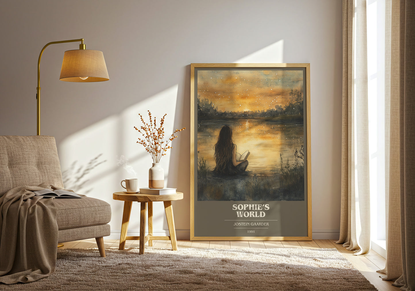 Sophie's World book cover print framed by window – literary home decor
