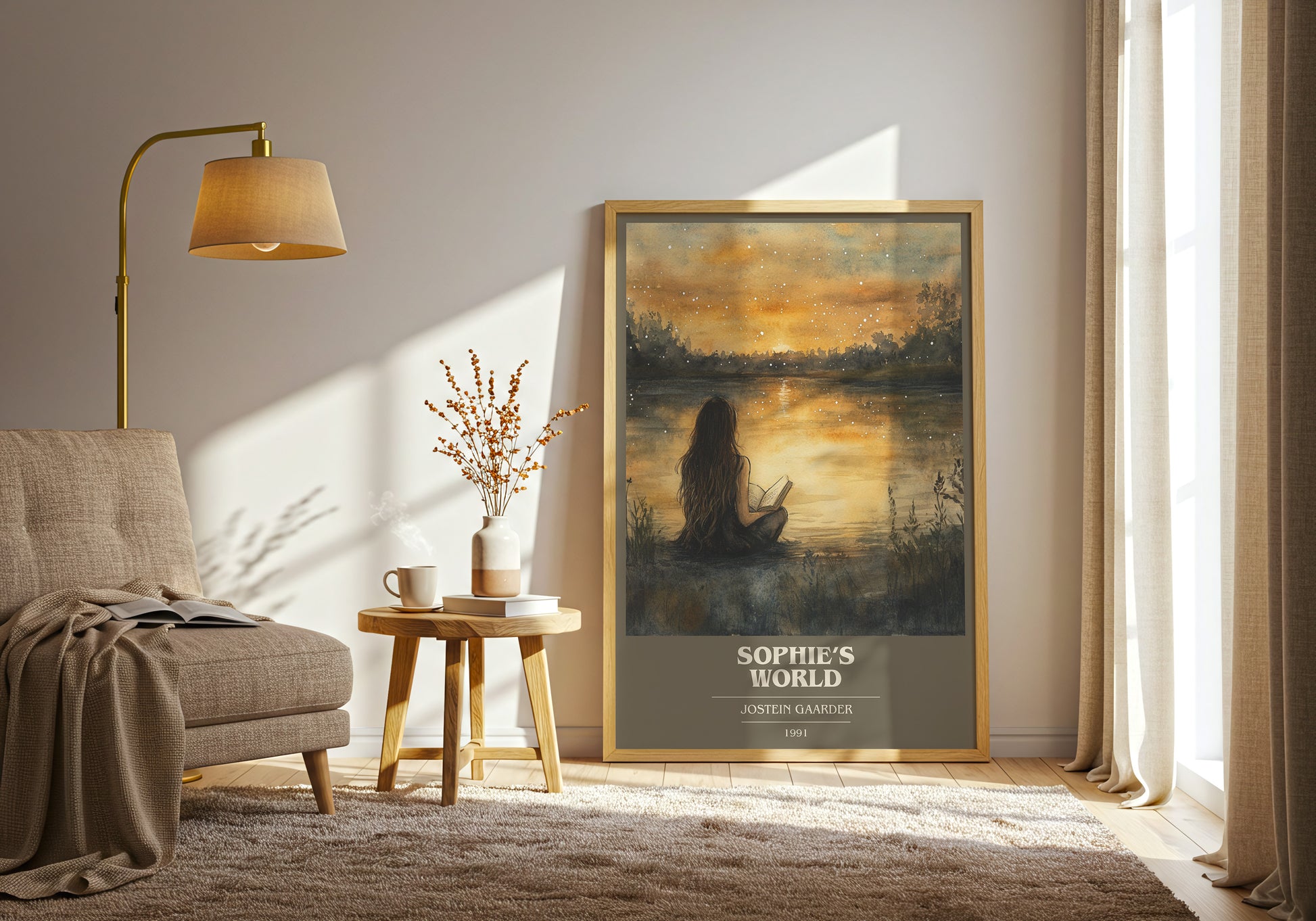 Sophie's World book cover print framed by window – literary home decor