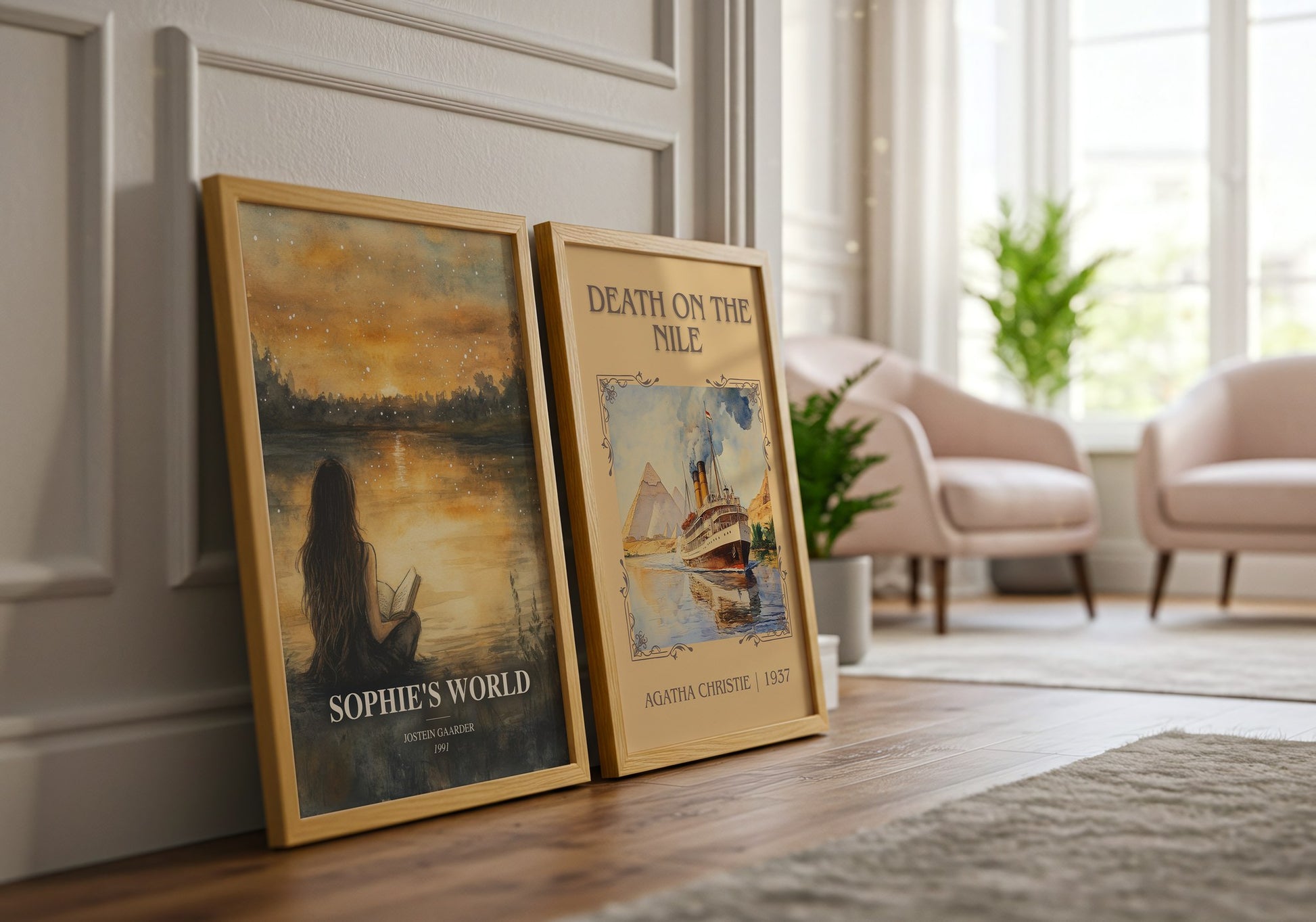 Sophie'S World watercolour print framed by window – literary home decor