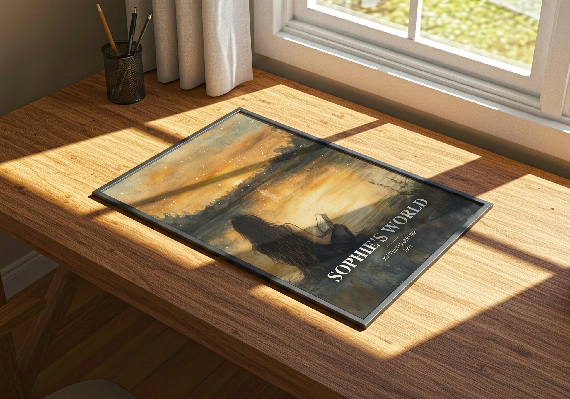 Sophie'S World watercolour book poster framed on wall – philosophy wall art